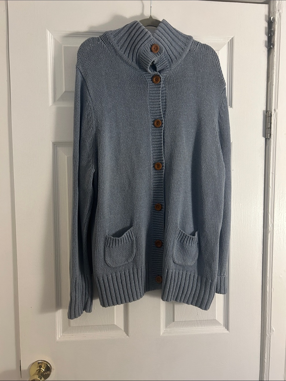 Light Blue Button-Up Women's Cardigan Sweater with two front pockets